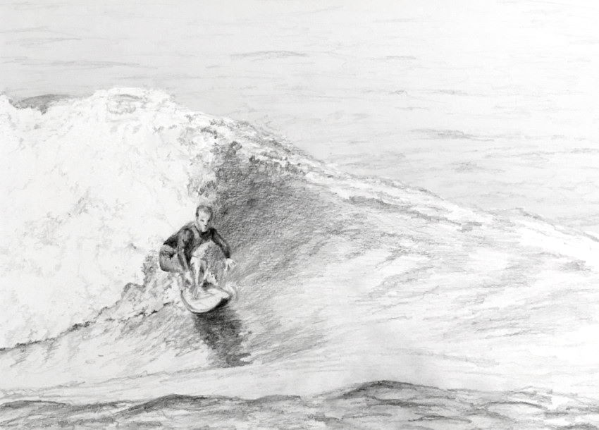 A drawing of a surfer riding a wave