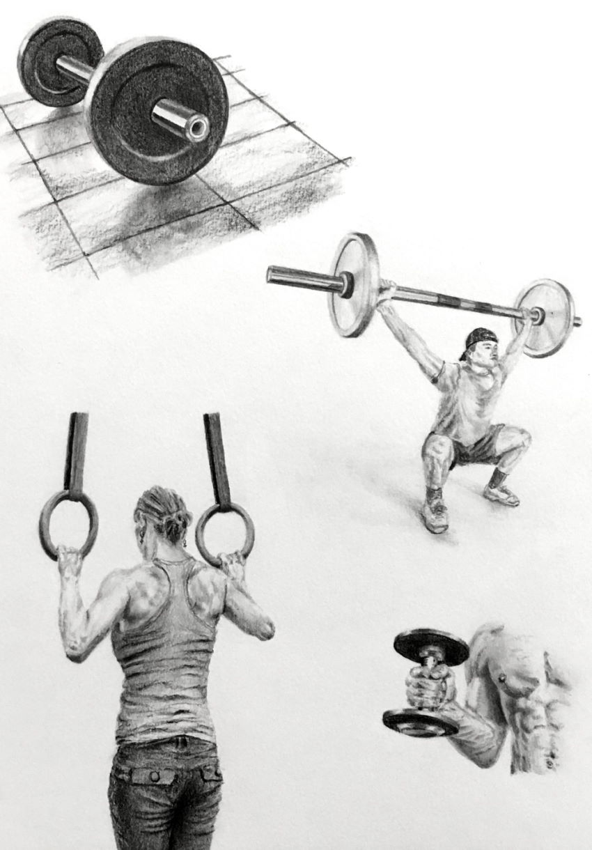 Realistic pencil drawings of weightlifting and weights