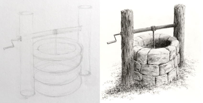 Water well realistic pencil drawing