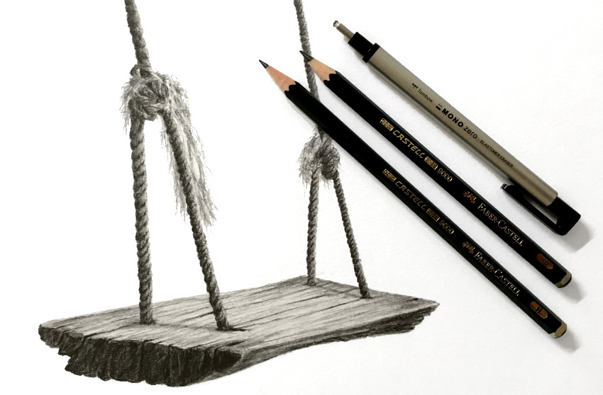 Realistic pencil drawing of a wooden swing