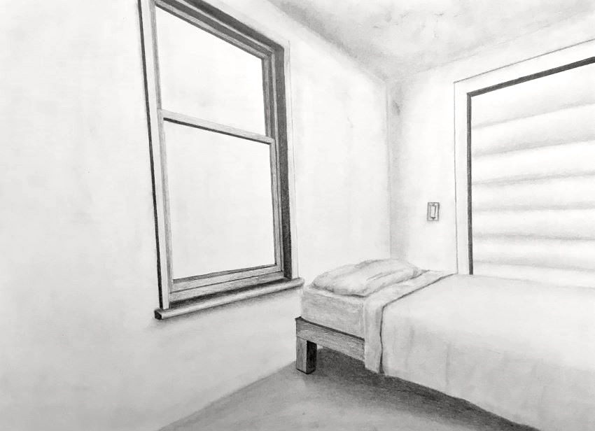 Two-point perspective bedroom drawing