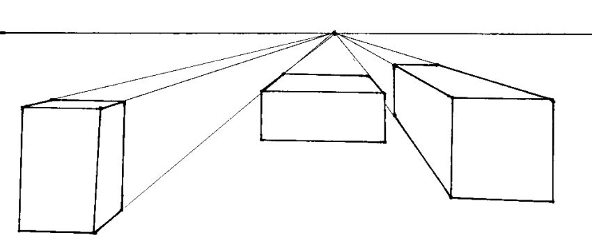 Boxes drawing in perspective below the horizon line