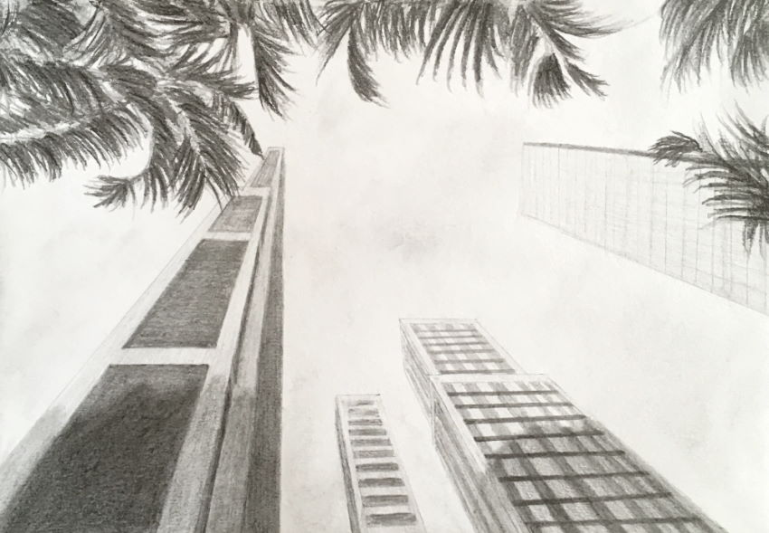 One point perspective drawing, city from below