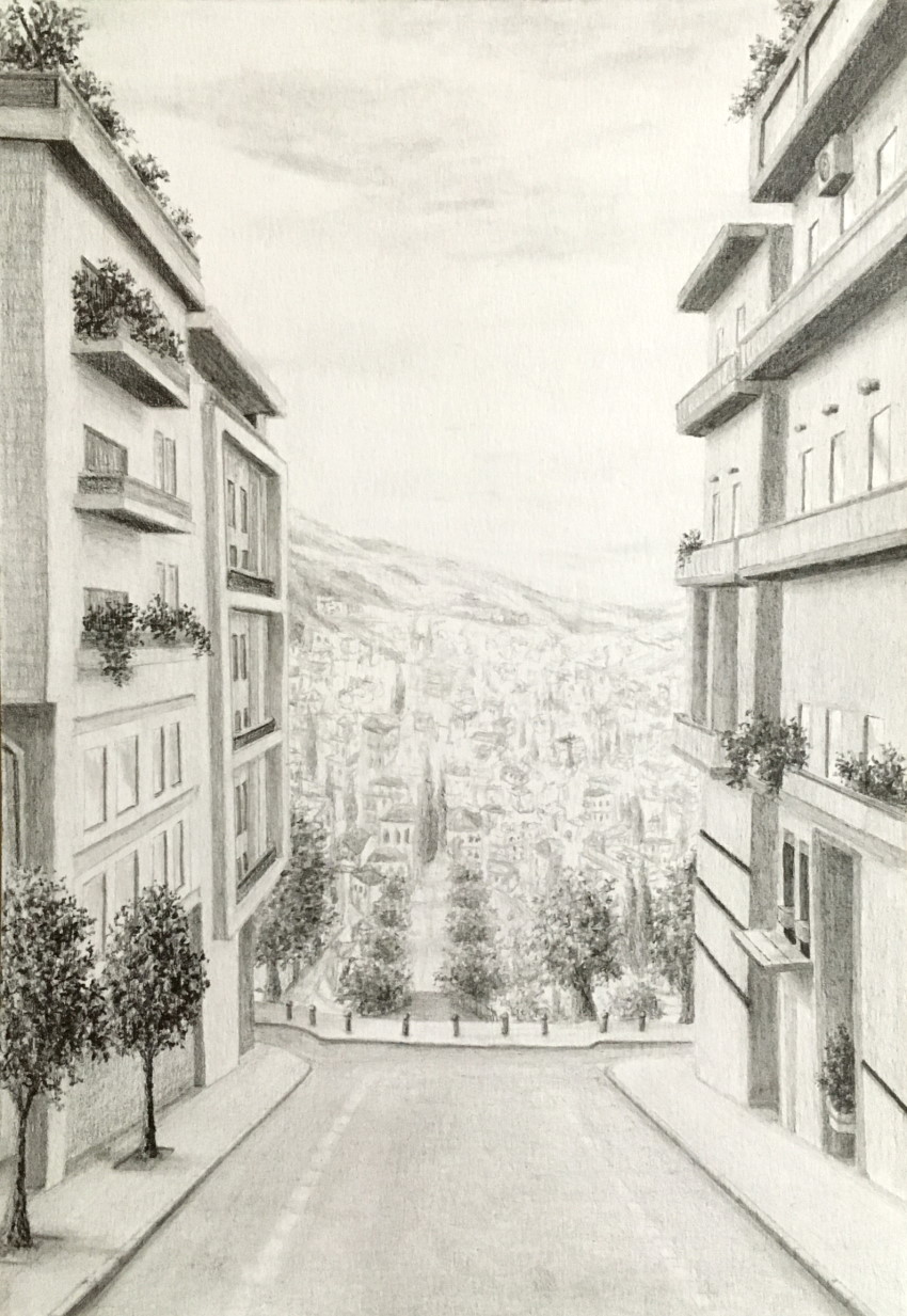 Perspective drawing of a downhill road and street