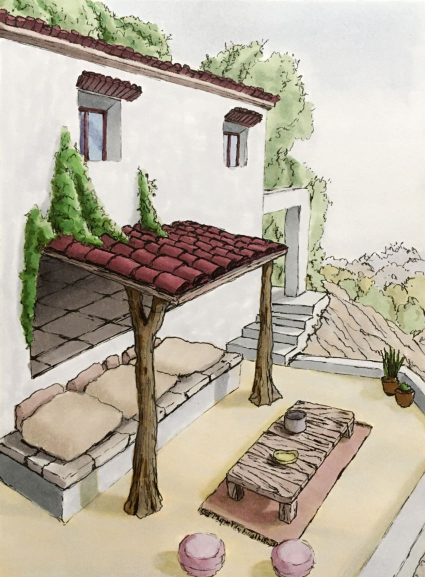 A drawing of a villa porch with markers, in perspective