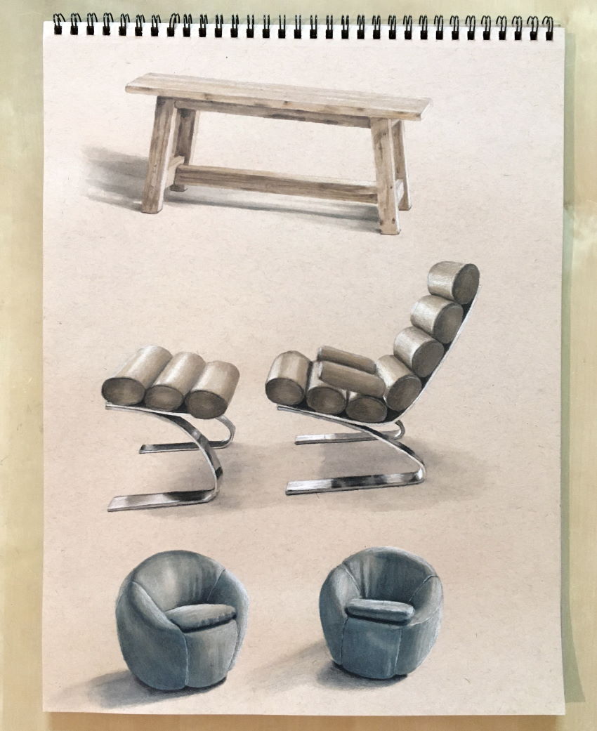 Furniture drawing in perspective with markers