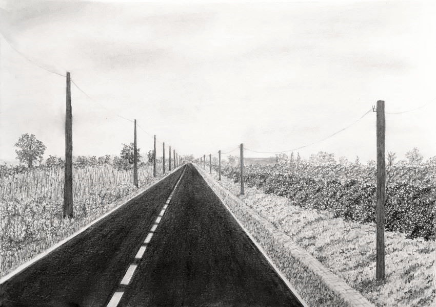 Road and telephone poles in one-point perspective