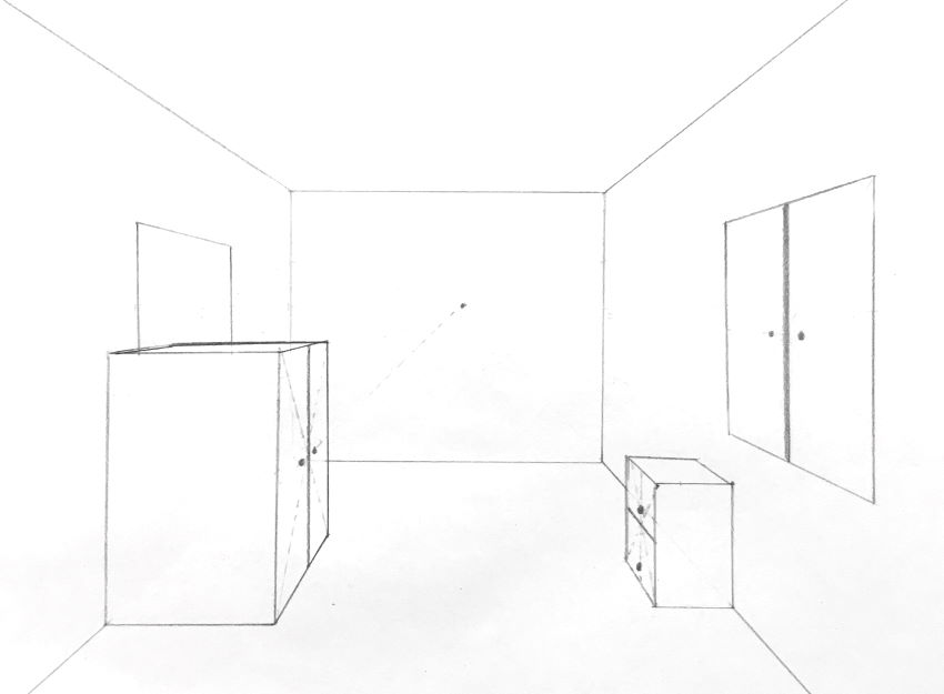 Cupboard and nightstand in a room, in perspective