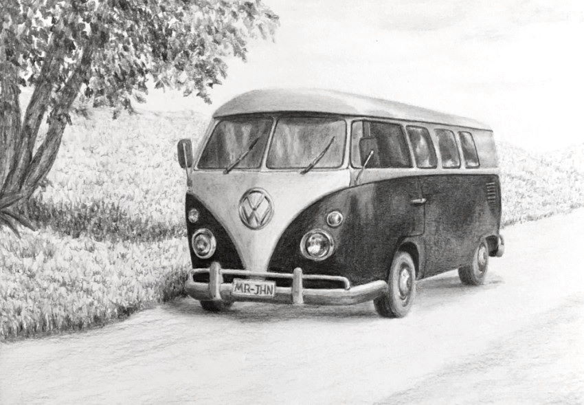 Realistic pencil drawing of a van, Volkswagen type 2