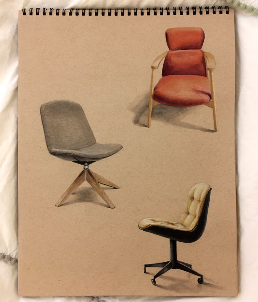 Realistic chairs drawing with markers on toned paper