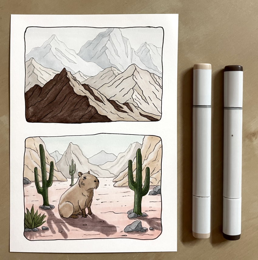 Two drawings with pen and markers of a landscape and a capibara