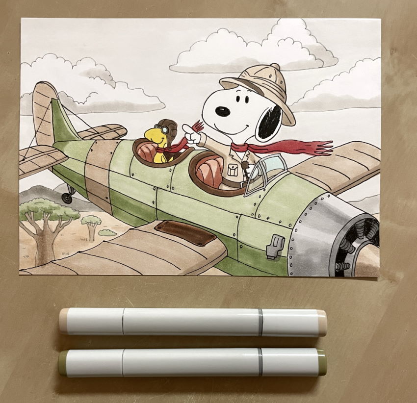 A marker drawing of Snoopy and Woodstock in a plane
