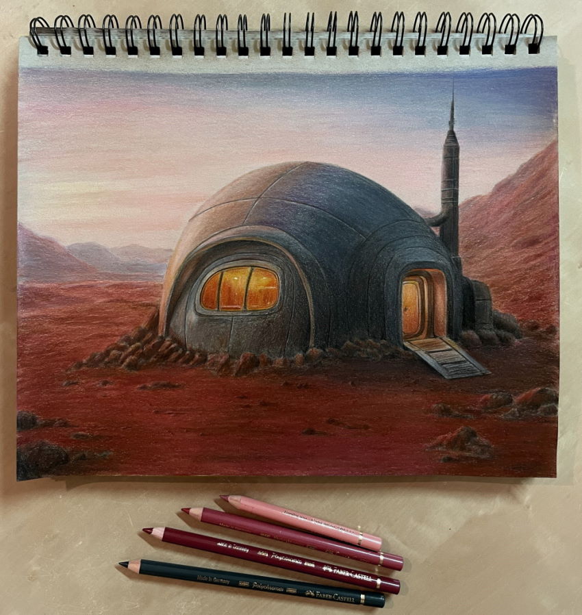 A drawing of a house on Mars with colored pencils