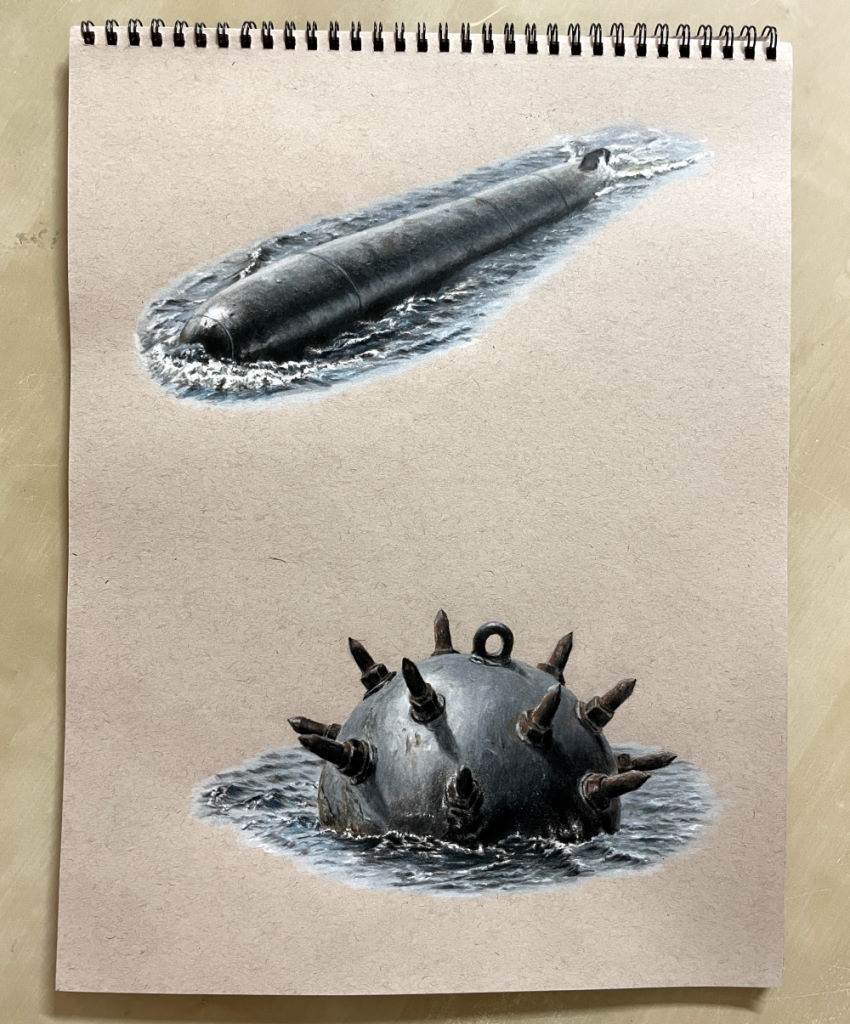 Realistic drawing of torpedo and naval mine with colored pencils