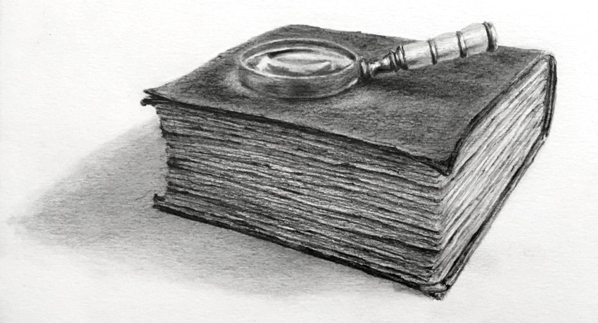 Realistic drawing of an antique book and a magnifying glass