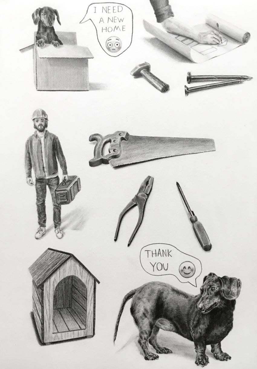 Realistic drawing of a dog, kennel, and tools