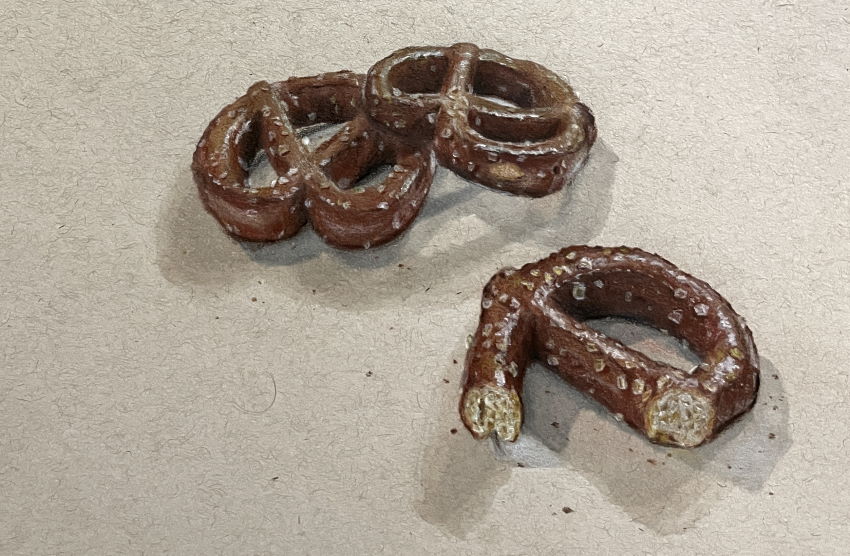 Realistic drawing of pretzels with colored pencils